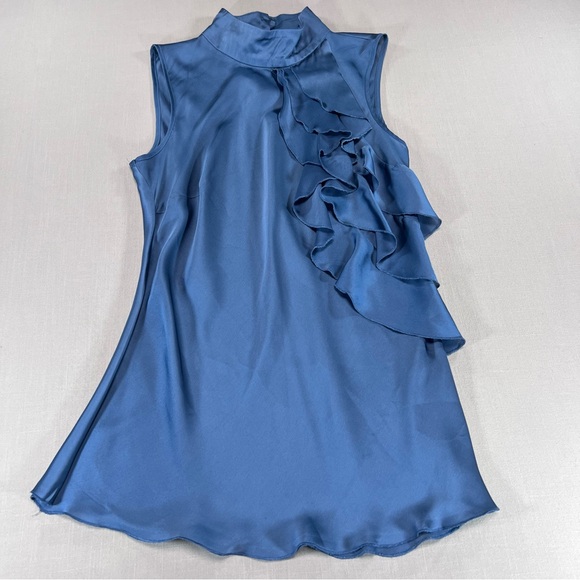 Kenar Tops - Kenar Women’s M Blue Satin Ruffle Front Sleeveless Top Mock Neck Blouse